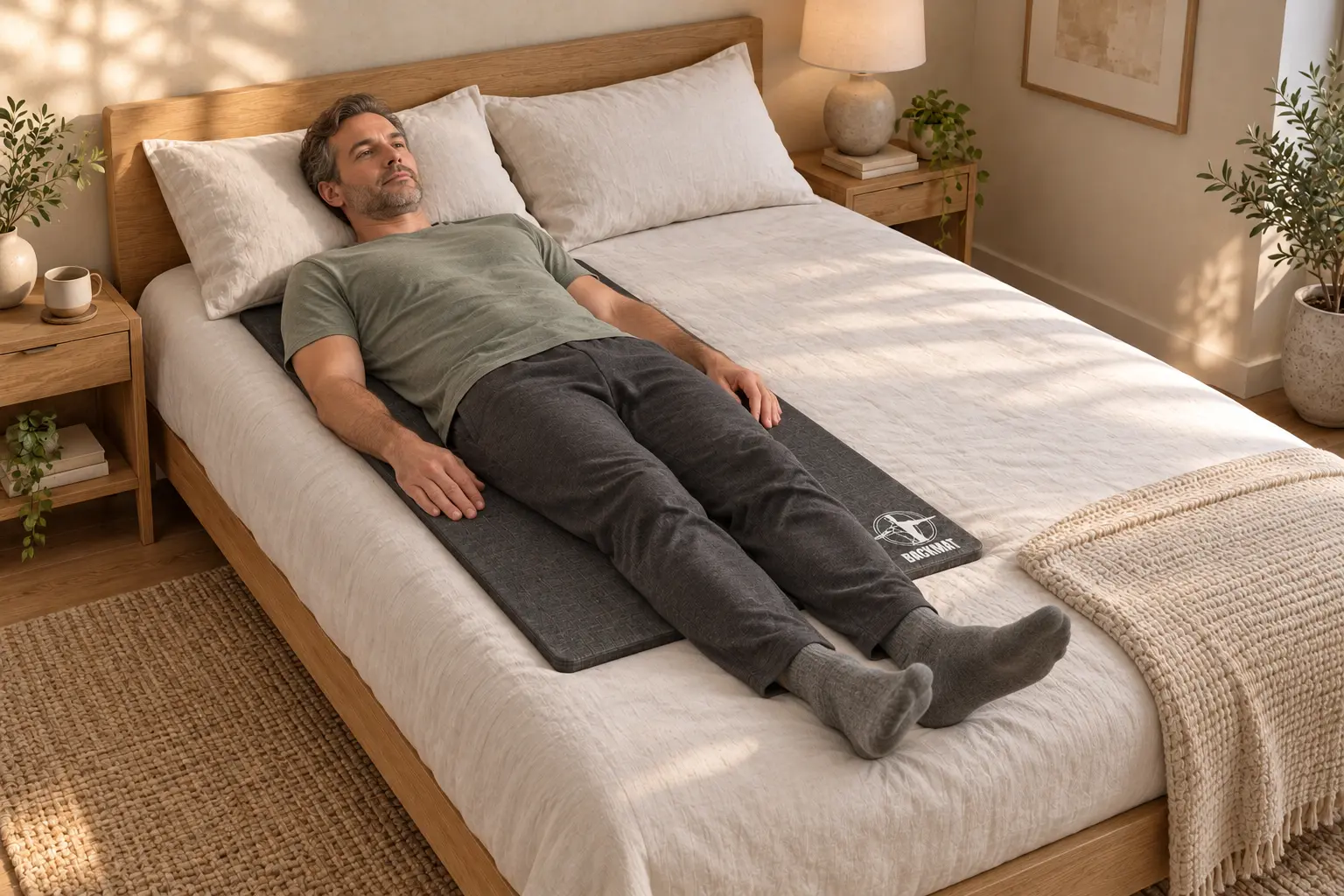 A man resting on BackMat on one side of a bed, with the other side left open