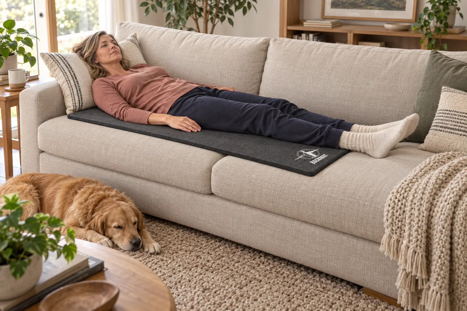 Full scene showing an adult on BackMat on a couch with a dog nearby