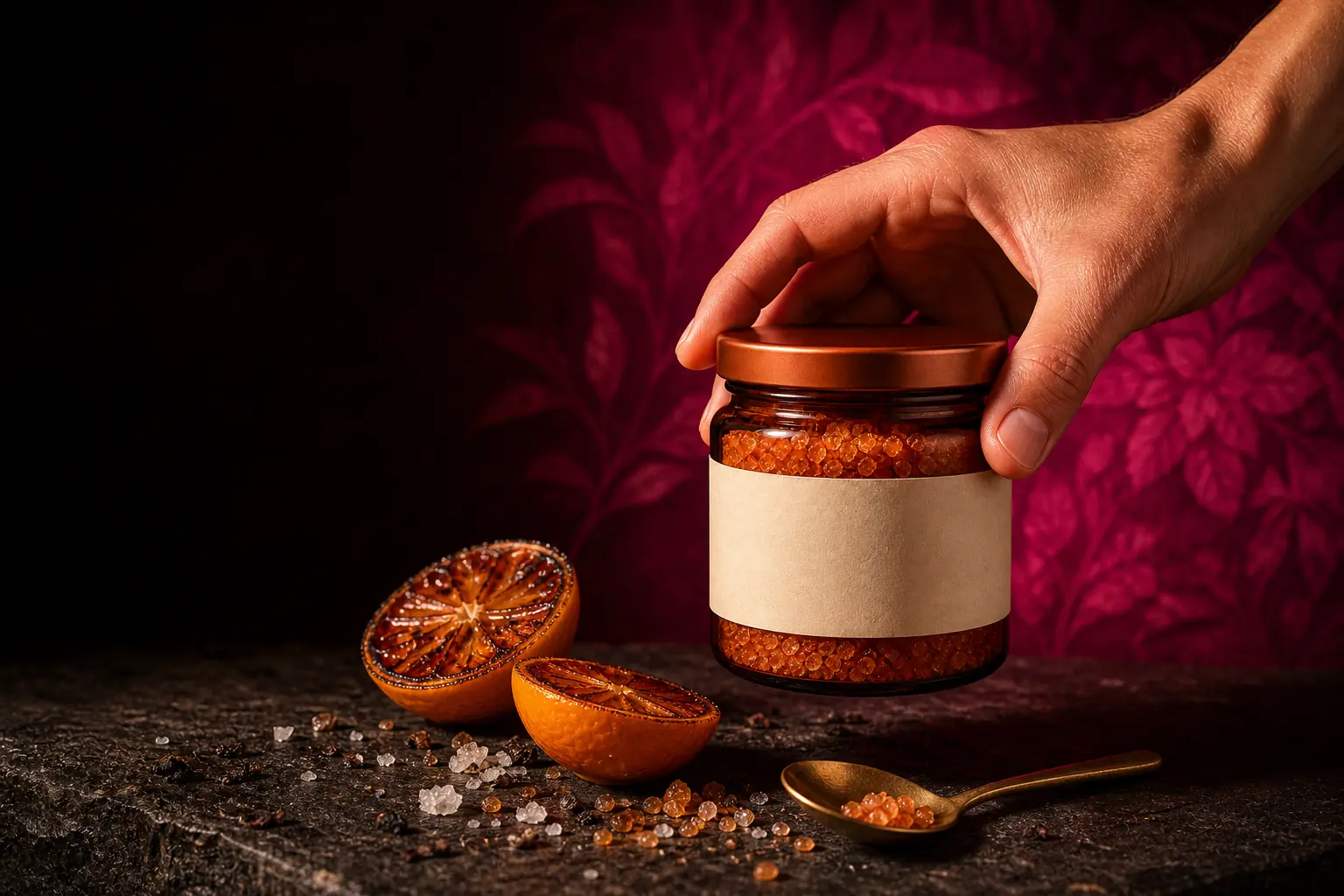 A hand lifts the fictional Vantrel jar above charred citrus, salt crystals, and a brass spoon