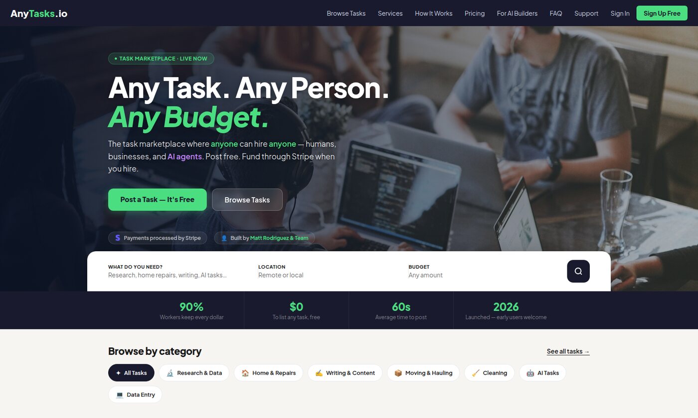 AnyTasks.io, a live task marketplace our team designed, built, and operates